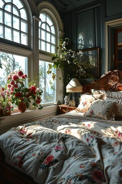 Bedroom Design Victorian, Quaint Bedroom, Vintage Feminine Bedroom, Victorian Inspired Bedroom, Victorian Bedroom Decor, Victorian Style Bedroom, Boho Bedroom Paint Colors, Bedroom Floral, Feminine Prints