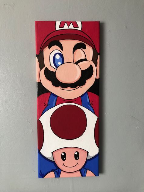 Personal Paintings Ideas, Easy Mario Painting, Mario Acrylic Painting, Toad Drawing Mario, Mario Painting Ideas, Mario Drawing Ideas, Mario Painting Canvases, Mario Canvas Painting, Disney Canvas Art Ideas