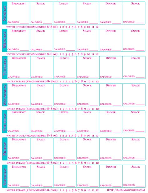 Printable Food Journal For Calorie Tracking - Mommy Octopus Food Journals, Calorie Chart, Printable Workout, Printable Food, Calorie Tracker, No Calorie Snacks, Writing Things, Calorie Counter, Water Intake