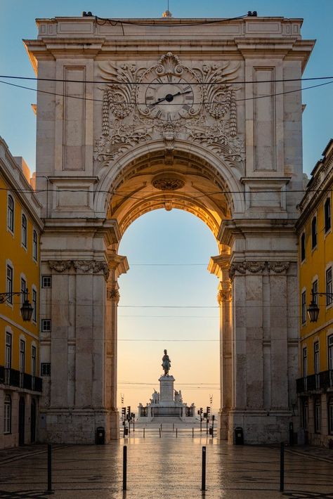 "Lisbon landmark during early morning." Create your Picfair store at: https://www.picfair.com/plus || ARCO ARCH RUA AUGUSTA LISBON TRAVEL NO PERSON LANDMARK PORTUGAL MORNING LIGHT GOLDEN HOUR Lisbon Wallpaper, Lisbon Portugal Photography, Portugal Architecture, Budget Travel Destinations, Lisbon Travel, Photography Store, Belem, Porto Portugal, Lisbon Portugal