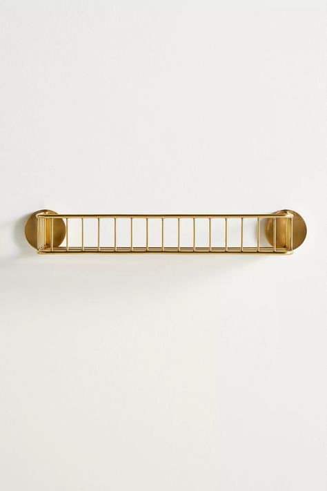 Kelly Bathroom Shelf | Anthropologie Brass Shower Shelf, Gold Bathroom Shelf, Brass Bathroom Shelf, Shower Floating Shelf, Above The Toilet Ideas, Mc Bathroom, Shelf Above Sink, Display Perfume, Rustic Bathroom Accessories