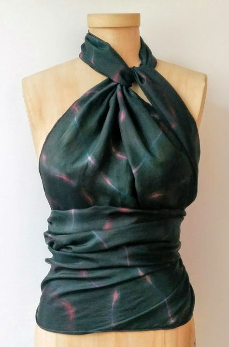 This beautiful hand dyed silk shibori scarf has been tied as a shirt!  It's so chic this way but can be tied in a multitude of ways to suit your mood.  Pair it with jeans and some sexy heels and you're ready to hit the town! Shibori Scarf, Scarf Wraps, Shirt Scarf, Elegant Scarf, Large Silk Scarf, Shibori Silk, Elegant Scarves, Wear A Scarf, How To Wear A Scarf