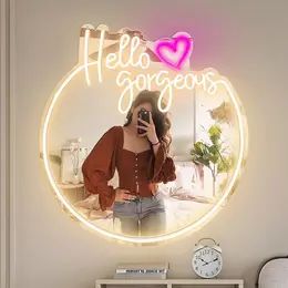 Hello Gorgeous Letter Design Neon Sign with Mirror, USB Powered LED Neon Sign, LED Light Up Sign for Wall Decor, Decorative Neon Light for Home Party Wedding #affiliate #ad  #neonsign #mirror #neonlight #neonmirror #beauty #makeup #mua #decor #ledlight Hello Gorgeous Neon Sign, Neon Mirror, Living Room Decor Aesthetic, Led Light Wall, Salon Mirrors, Mirror Home Decor, Aesthetic Neon, Light Up Signs, Novelty Lighting