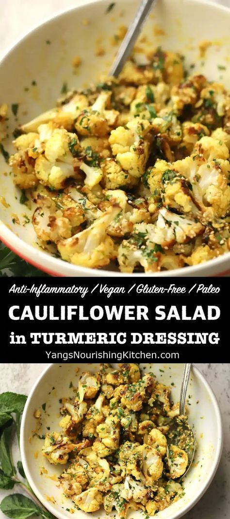 Roasted Cauliflower Salad in Turmeric Dressing (Vegan, Gluten-Free, Paleo) Turmeric Cauliflower Salad, Roast Cauliflower Salad, Tumeric Cauliflower Recipes, Cauliflower Lentil Salad, Roasted Cauliflower Salad Recipe, Vegan Cauliflower Salad, Curried Cauliflower Salad, Marinated Cauliflower Salad, Raw Cauliflower Recipes