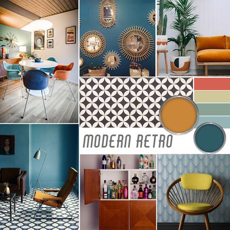 Modern Retro Mood Board Retro Mood Board, Modern Retro Interior Design, Modern Vintage Bedrooms, Mood Board Interior, Design Mood Board, Retro Interior Design, Salon Interior Design, Retro Interior, Interior Design Mood Board