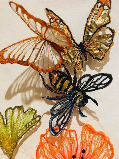 Insect Art Projects, A Level Textiles, Water Soluble Fabric, Floral Textile, Organic Art, Machine Embroidery Projects, Butterfly Drawing, Art Folder, Insect Art