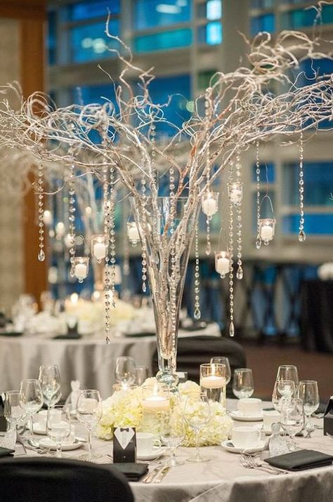 5 Ideas For Perfect Centerpieces Tall And Jeweled Marquee Wedding Decoration, Gala Centerpieces, Gala Decor, Branch Centerpieces, Tall Wedding Centerpieces, Wedding Motifs, Unique Wedding Flowers, Wedding Floral Centerpieces, Gatsby Wedding