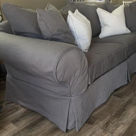 Grey Denim Sofa Slipcovers by Shelley Sofa Cover Ideas, Country Couches, Modern Home Aesthetic, Denim Sofa, Scandinavian Sofa, Couch Makeover, Couch Covers Slipcovers, Cubicle Makeover, White Slipcovers