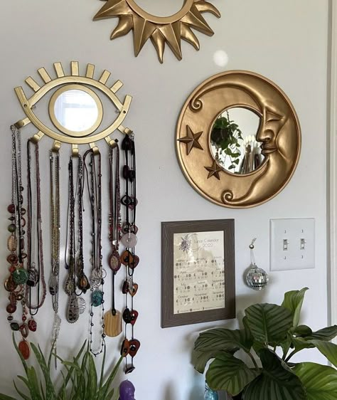 hippie witch room decor eye moon mirror Sun And Moon Mirror Wall Decor, Moon Living Room Decor, Hippy Wall Decor, Moon Aesthetic Decor, Witch Room Decor Ideas, Celestial Living Room Decor, Whichy Vibes Room, Witch Apartment Decor, Witch Aesthetic Room Decor