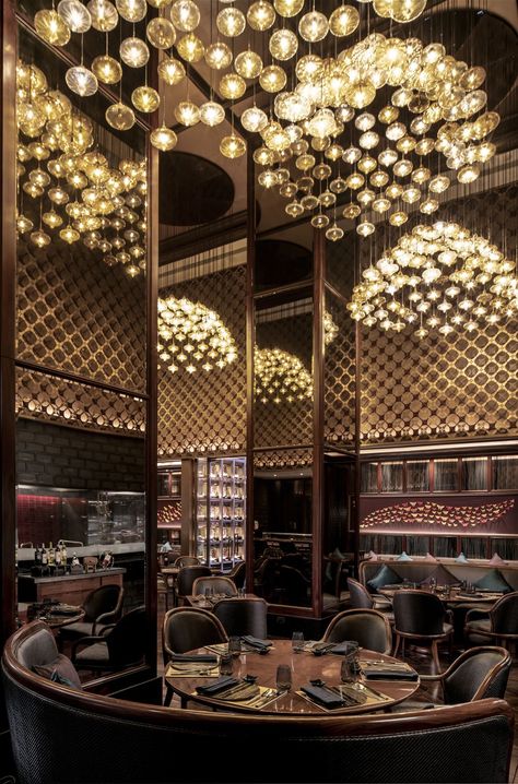 Fusion Restaurant Design, Asian Fusion Restaurant Design, Dark Luxury Restaurant Aesthetic, Luxury Indian Restaurant Interior, Fancy Dark Restaurant, Hotel Lobby Interior Design, Chinese Luxury Restaurant, Chandelier Restaurant, Restaurant Lighting Design