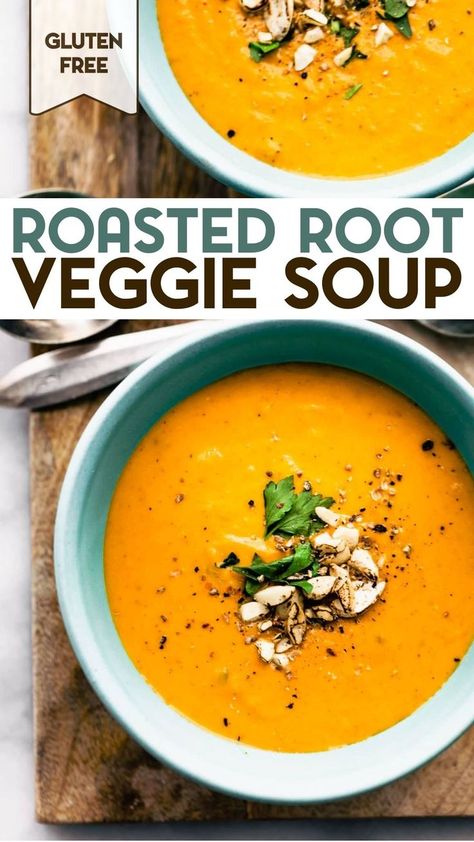 Loaded with vegetables and warm spices, this Cumin Roasted Root Vegetable Soup is a perfect veggie-filled soup even your kids will love! Full of flavor, it’s quick to make, perfect for meal prep, and versatile to fit all your dietary needs. Prepare a big batch for easy meals all week long! Vegan. Soup With Roasted Vegetables, Roasted Fall Vegetable Soup, Root Veggie Soup, Vegan Roasted Vegetable Soup, Roast Veggie Soup, Roasted Vegetable Soup Recipes, Veggie Pasta Soup, Roast Vegetable Soup, Roasted Veg Soup