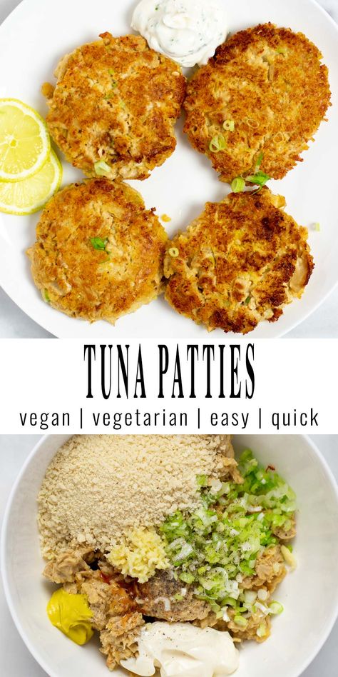 A collage of two pictures showing the Tuna Patties. Top pictures is a top view on a white plate with four Tuna Patties, served with some dipping sauce. The lower picture shows a mixing bowl with all ingredients to make the patties, before they are mixed together. The two pictures are separated by text with the recipe title. Asda Recipes, Shrimp Meals, Vegetarian Entree, Vegan Tuna, Tuna Patties, Budget Friendly Meals, Clean Eating Vegan, Vegan Christmas Recipes, Vegan Party