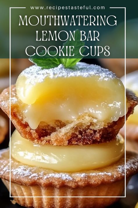 Delightfully tangy and sweet, these Lemon Bar Cookie Cups feature a buttery cookie base filled with luscious lemon curd, dusted with powdered sugar for the perfect finishing touch. Recipes Using Lemon Curd, Lemon Bar Cookie Cups, Lemon Curd Dessert, Recipe Using Lemons, Lemon Bar Cookies, Cookie Cups Recipe, Cookie Base, Lemon Bar, Lemon Curd Recipe