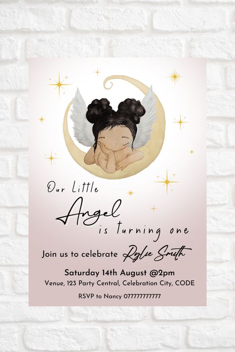 Dusty Pink Moon and Stars Party Decoration #Angel#Toddlerparty#Cutebaby#moonandstars#birthdaygirl#elegant#invite Moon And Stars Party, Angel Template, Angel Birthday, Girl Birthday Themes, Party Invitations Kids, Girl Themes, Star Party, Pink Moon, Little Angel