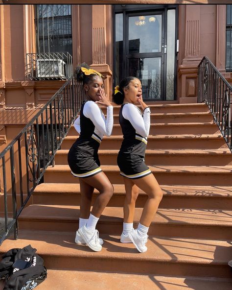 Cheerleaders | game day | black cheerleaders | cheer| high school cheer | nyc Cheerleading Hairstyles Black Hair, Middle School Cheer Uniforms, Black And Gold Cheer Uniforms, Cheer Hairstyles Black Women, Black Cheerleader Aesthetic, Cheerleader Girls, Cheerleading Pics, Cheer Black, Cheer Aesthetic