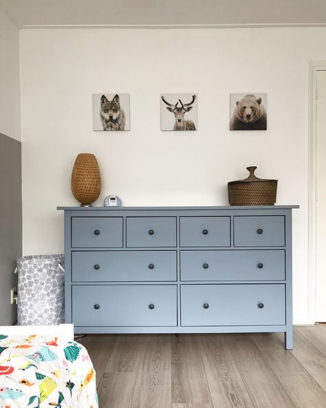 Blue Chest Of Drawers Bedroom, Nursery Blue Dresser, Baby Blue Dresser, Ikea Hemnes Painted, Hemnes Painted, Ikea Hemnes Commode, Blue Dresser Nursery, Blue Dresser Bedroom, Ikea Hemnes Dresser Makeover