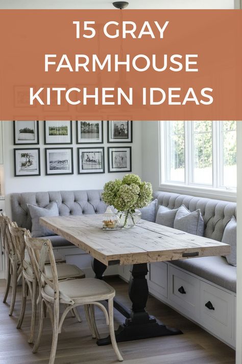 Tips, decor ideas and examples of the perfect gray farmhouse kitchen for you to copy! Grey And White Farmhouse Kitchen, Kitchen With Grey Floor, Farmhouse Kitchen Wall Colors, Farmhouse Kitchen Colors Schemes, Gray Kitchen Walls, Farmhouse Kitchen Paint, Gray Farmhouse Kitchen, Gray Kitchen Ideas, Farmhouse Kitchen Countertops