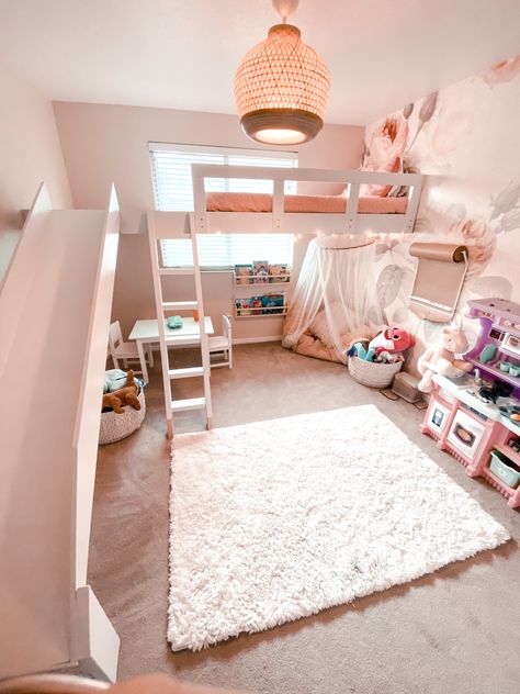 Loft Bed Toddler Room, Bunk Bed With Slide And Desk, Toddler Room With Bunk Beds, Kids Loft Bed With Slide, Loft Bed Ideas With Slide, Diy Bunk Bed With Slide, Lofted Kids Bed, Diy Loft Bed With Slide, Girl Loft Bed Ideas