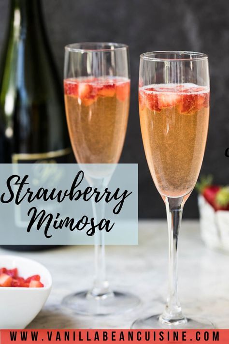 Strawberry mimosas are the perfect late-spring cocktail, featuring sweet strawberry syrup topped with sparkling wine and finely chopped strawberries.  #strawberrymimosa, #strawberry, #mimosa, #cocktail, #champagnecocktail, #strawberrychampagnecocktail Strawberry Mimosas, Strawberry Champagne Cocktail, Strawberry Mimosa, Dessert Night, Easy Dinner Desserts, Mimosa Cocktail, Quick Easy Healthy Meals, Spring Cocktail, Whisky Sour