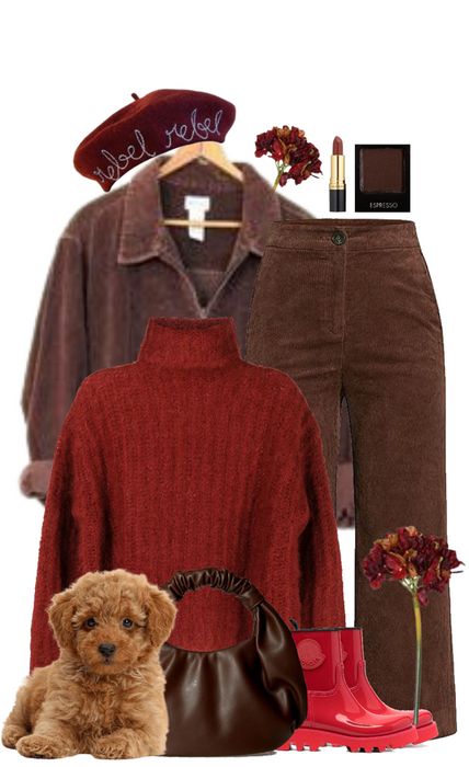 Red And Brown Outfit Aesthetic, Maroon Brown Outfit, Chocolate Brown And Red Outfit, Dark Red And Brown Outfit, Red And Brown Outfit Color Combos, Brown And Maroon Outfit, Red And Beige Outfit Aesthetic, Tan And Red Outfits, Red And Brown Aesthetic Outfit