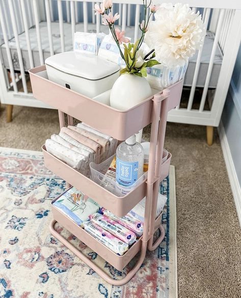 Baby Cart Organize, Baby Rolling Cart Organizer, Office On Wheels, Cart Organization, Tiny Nursery, Baby Room Storage, Aurora Rose, Nursery Supplies, Baby Niece