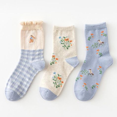 Garden Picnic Sock Set (Cream/Blue) Cute Socks Aesthetic, Aesthetic Socks, Pretty Socks, Embroidery Cute, Flower Socks, Garden Picnic, Blue Socks, Women's Socks, Cute Socks