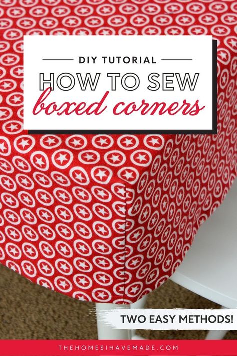 Vertical picture of a boxed corner sewing from red and white fabric Diy Cushion Covers, Sewing Cushions, School Decor, Simple Sewing, Sewing Tutorials Clothes, Sewing School, Sew Ins, Beginner Sewing Projects Easy, Fabric Boxes