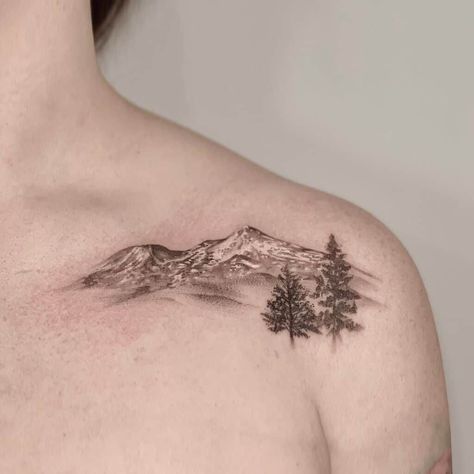 Realistic Mountain Tattoo, Yosemite Tattoo, Tattoos Realism, Natur Tattoo Arm, Self Tattoo, Scenery Tattoo, Collarbone Tattoos, Mountain Range Tattoo, Snow Tattoo