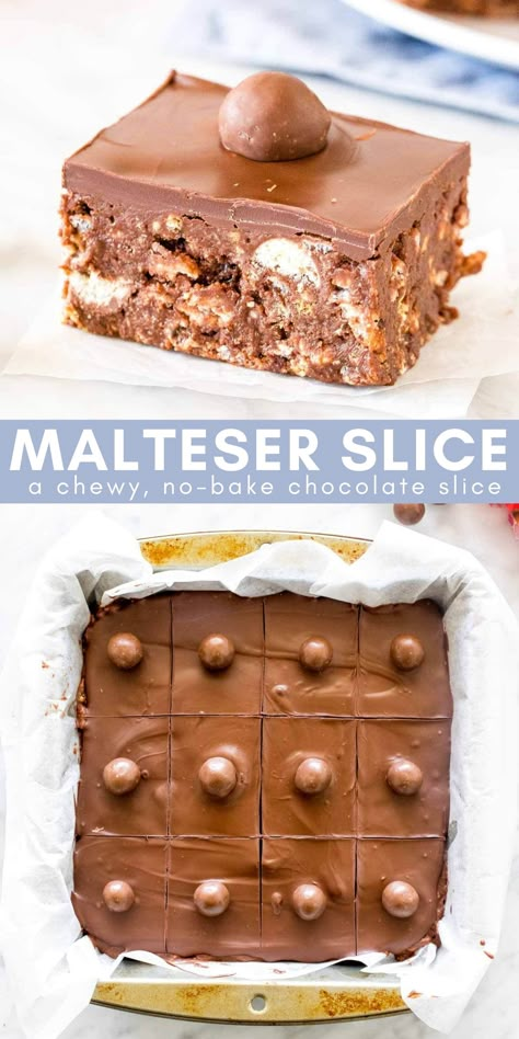 Malteaser Recipes, Malteser Recipes, Tray Bake Desserts, Malteser Dessert, Easy Slices No Bake, Slices Recipes Easy, Marshmallow Slice Recipe, Malteaser Slice, No Bake Chocolate Slice Recipe