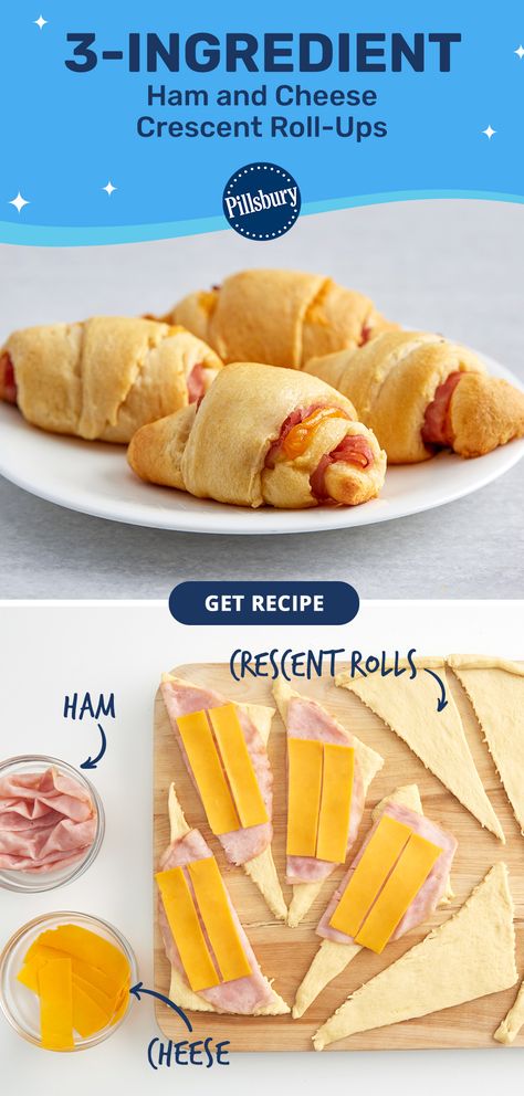 easy lunch ideas, quick easy snacks, finger food ideas, kid friendly food, kid friendly finger food, crescent roll recipes, ham and cheese sandwiches, ham and cheese roll ups, 3 ingredient recipes, hot sandwiches, hot lunch Pillsbury Ham And Cheese Crescent Roll Bake, Crescent Ham Rolls, Easy Breakfast Picky Eaters, Pilsbury Cresent Ham And Cheese, Ham And Cheese Pillsbury Crescent, Ham N Cheese Crescent Rolls, Pillsbury Crescent Recipes Ham And Cheese, Han And Cheese Crescent Rolls, Ham And Cheddar Crescent Roll Ups