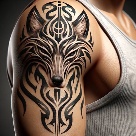 The Wild Within: A Striking Tribal Wolf Tattoo Celtic Wolf Tattoo, Gangster Tattoo, Wolf Tattoos Men, Animal Sleeve Tattoo, Wolf Tattoo Sleeve, Wolf Face, Wolf Tattoo Design, Back Tattoos For Guys, 3d Tattoo