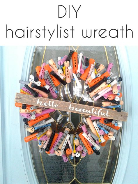 How to make a perm rod wreath for your favorite hairstylist!  #hairstylist #hair #gifts #giftideas Hair Salon Holiday Decor, Hairstylist Gift Ideas, Cosmetology Classroom Decor, Cosmetology Classroom Ideas, Diy Perm, Hello Beautiful Sign, Christmas Salon, Suite Decor, Hair Dressers