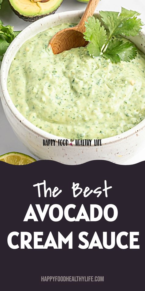 Looking to add a pop of flavor to your meals? Try this easy Avocado Cream Sauce recipe! It's dairy-free and so creamy, you won't believe it's vegan. This avocado crema is perfect for dipping, drizzling, or spreading on your favorite dishes. Whip up this avocado sauce in just 5 minutes and watch your meals shine with deliciousness.  | avocado cream sauce non dairy | Avocado Dipping Sauce | Avocado Lime Crema | Avocado Cream Sauce For Tacos, Avacodo Recipe Idea Healthy, Avacado Cream, Avacado Dip, Avocado Lime Crema, Avocado Sauce Recipe, Avocado Sauce Pasta, Avocado Dipping Sauce, Avocado Cream Sauce