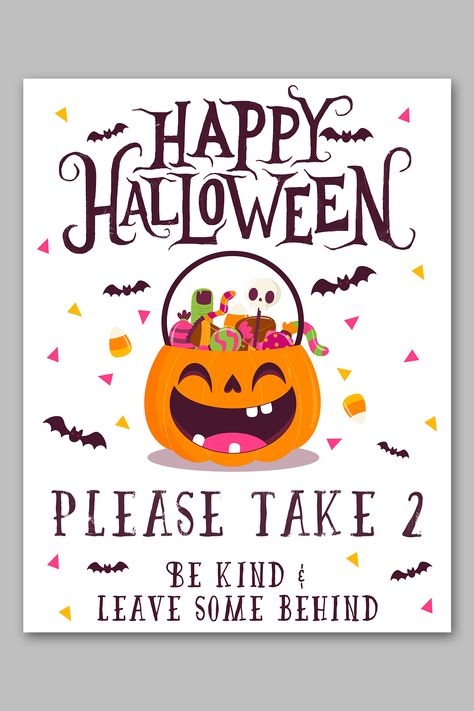 Grab this set of free Halloween candy signs. They include: Halloween candy take 1 (2, and 3) signs, an out of Halloween candy sign, a come on in welcome Halloween sign, and a generic Happy Halloween sign. These are great to tell trick or treaters how much candy to take when you can't be home. Or to leave a note when you run out of candy! Trick Or Treating Sign Take One, Sign For Trick Or Treaters When Not Home, Halloween Trick Or Treat Sign Printable Free, Trick Or Treat Take One Sign, Take Candy Sign Halloween, Trick Or Treat Candy Sign, Take 1 Candy Sign Halloween, Halloween Signs For Candy Bowl, Take One Halloween Candy Sign