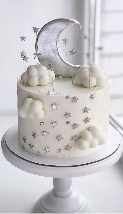 4. White and Silver Star Baby Shower Cake Whether you’re looking for birthday cake, graduation cake, bridal shower, baby shower or any celebration cake.  We’ve... Moon Baby Shower Cake, Moon Stars Baby Shower, Cloud Cake, Moon Baby Shower, Baby Gender Reveal Party, Amazing Wedding Cakes, Baby Birthday Cakes, Cake Decorating Designs, Baby Shower Inspiration