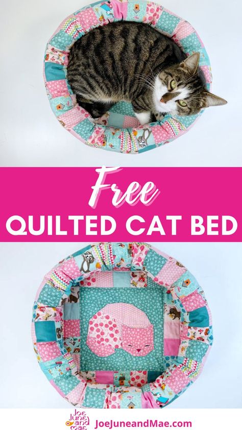 Learn how to quilt this cat bed pattern you can easily make. This super afordable fabric line called Cats Meow Kitten Bed Ideas, Sewn Cat Bed, Cat Bed Sewing Pattern Free, Sew A Cat Bed, Diy Cat Bed Sewing Pattern, Sewing For Cats Diy Projects, How To Make A Cat Bed Diy, Sewing Cat Projects, Pet Bed Sewing Pattern