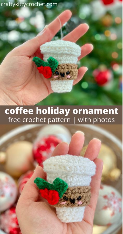 Hot Cocoa Crochet Pattern Free, Coffee Christmas Tree Ornaments, Crochet Latte Pattern, Crochet Teacher Ornaments, Crochet Hot Cocoa Mug, Amigurumi Ornaments Free Pattern, Crochet Coffee Amigurumi, Crochet Coffee Cup Ornament, Free Ornament Crochet Patterns