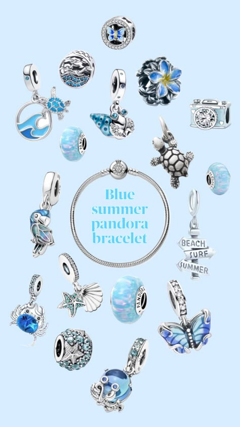 #pandora #bracelet #jewelry #summer #blue #charms #beauty #silver #aesthetic Pandora Summer, Pandora Bracelet Charms Ideas, Silver Aesthetic, Girly Bracelets, Pandora Bracelet Designs, Pandora Inspiration, Aesthetic Shuffles, Pandora Bracelet Silver, Pandora Collection