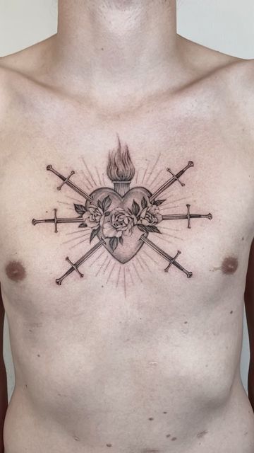 Immaculate Heart Tattoo, Sacred Heart Chest Tattoo, Scared Heart Tattoo, Heart Chest Tattoo, Jay Alvarez, Abdomen Tattoo, Sacred Heart Tattoo, Hard Tattoos, Plane Tattoo