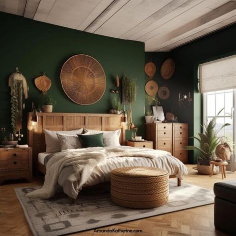 25 Alluring Green Accent Wall Ideas - Amanda Katherine Colorful Accent Wall Bedroom, Hunter Green Master Room, Dark Green Accent Wall Bedroom Black Furniture, Bedroom Green Feature Wall, Hunter Green Accent Wall Bedroom, Forest Green Bedroom Color Scheme, Forest Green Accent Wall Bedroom, Olive Green Accent Wall Bedroom, Dark Green Walls Bedroom