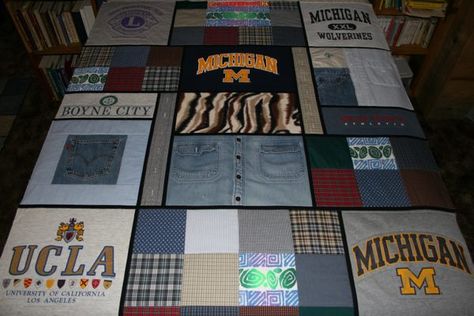 T-shirt Memorial Quilt    .....    http://custommemorialquilts.com/combining-t-shirts-sweatshirts-quilt/ Old Sweatshirt Crafts, Jersey Blanket Shirt Quilts, Memory Quilts Tshirt Men, Western Shirt Memory Quilt, Memory Crafts From Clothes Bedding & Blankets, Leaf Knitting Pattern, Sweater Quilt, Memory Quilts With Men’s Shirts, Old Sweatshirt