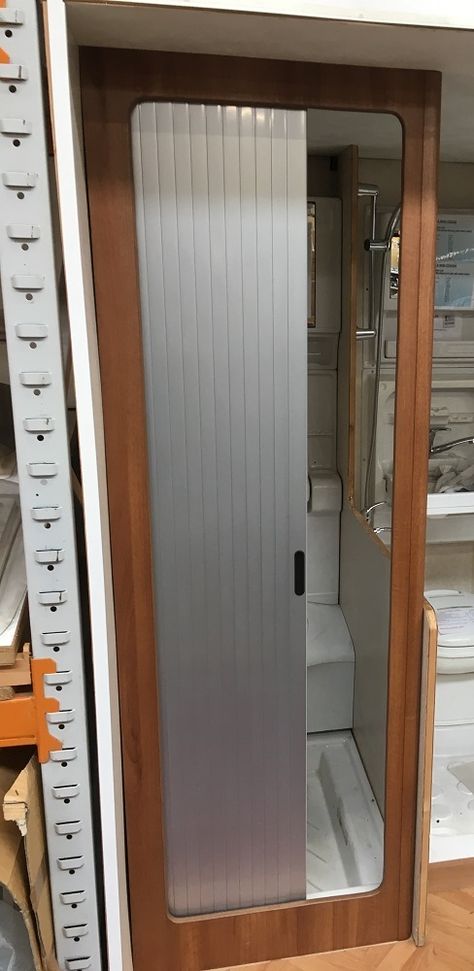 Doors - Interior - Magnum Motorhomes Tambour Shower Door, Van Shower Door, Hidden Shower, Camper Bathroom, Motorhome Interior, Door Picture, Sliding Doors Interior, Kombi Home, Building Furniture