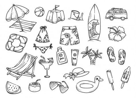 Set of hand drawn summer related object Premium Vector Beach Doodles, Harry Potter Portraits, Sand Drawing, Doodle Wall, Beach Drawing, Doodle Images, Handmade Stamps, Cute Love Stories, Line Illustration