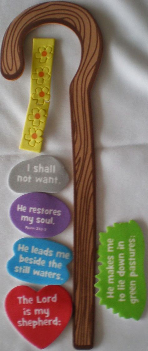 Self-adhesive foam pieces. Quotes Psalm 23:1-3 (NKJV). Includes instructions.    Age level: 3+  Size: 215 x 85mm   Oriental Trading ... I Am The Good Shepherd Craft For Kids, The Good Shepherd Craft Preschool, Shepherd Staff Craft, Good Shepherd Craft Sunday School, Shepherds Visit Jesus Craft, Shepherd Staff, Catechism Crafts, Awana Crafts, Pieces Quotes