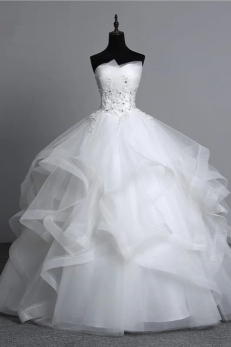 Long Ball Gowns Strapless Tulle Layers Wedding Dress With Appliques Beadings Layers Wedding Dress, Tulle Layered Wedding Dress, Lina Lamont, Layer Wedding Dress, Layered Wedding Dresses, Ball Gowns Wedding Dress, Wedding Dresses 2024, Elegant Ball Gowns, Applique Wedding Dress