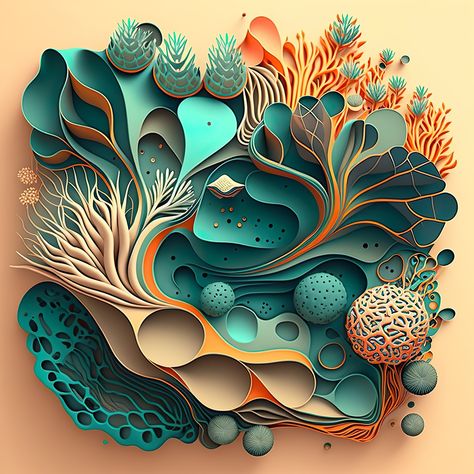 This image showcases an intricate organic shape that closely mimics the forms found in nature. The shape is composed of fluid curves and textures, reminiscent of elements such as plants, trees, and animals. Its natural composition evokes a sense of calmness and serenity, as if the viewer is peering into a peaceful ecosystem. Organic And Geometric Shapes Art, Brand Moodboard, High School Art Lessons, Paper Art Sculpture, Geometric Shapes Art, Coral Pattern, Form Art, Organic Art, Unusual Art