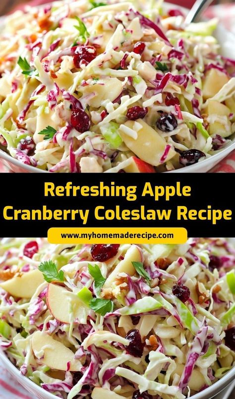 This Refreshing Apple Cranberry Coleslaw is a crisp and flavorful side dish! Made with fresh apples, cranberries, and a tangy dressing, it’s perfect for gatherings and picnics. Coleslaw Recipe With Cranberries, Carrot Apple Slaw Recipes, Apple Cranberry Coleslaw Recipe, Coleslaw With Raisins, Cranberry Apple Coleslaw, Coleslaw With Apples And Cranberries, Cranberry Coleslaw Recipe, Fall Coleslaw, Fresh Cranberry Recipes Healthy