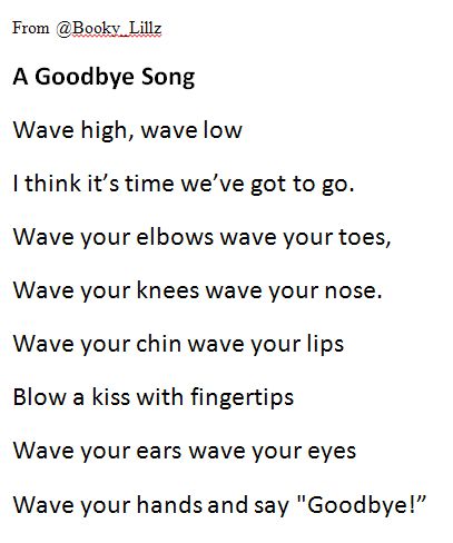 Lyrics for the Goodbye Song, from @Booky_Lillz Goodbye Rituals For Preschool, Goodbye Songs For Preschool Circle Time, Good Bye Songs For Preschool, Good Bye Preschool, Goodbye Songs For Preschool, Goodbye Songs, Good Bye Songs, Preschool Graduation Songs, Goodbye Song