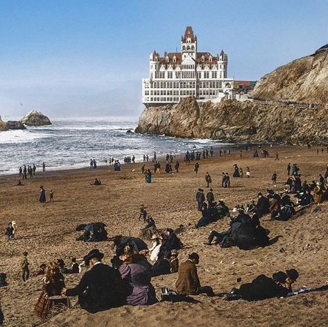 The Cliff House of Ocean Beach in San Fransisco in 1902. Seems a little precarious for an earthquake-prone city but hey...looks pretty neat. #history #history101 #historygeek #cliffhouse #historybuff #historymemes #vintagephotography #historical #sanfranc Cliff House San Francisco, Gilded Era, Colorized History, Colorized Historical Photos, Cliff Hotel, Sutro Baths, Cliff House, Colorized Photos, The Cliff