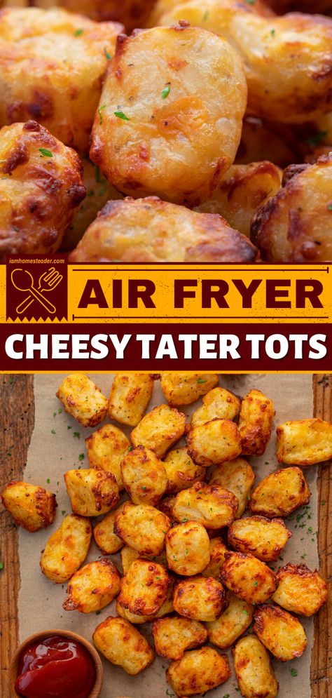 Homemade Tater Tots, Cheesy Tater Tots, Tater Tot Recipes, Homemade Appetizer, Cheesy Appetizer, Shredded Potatoes, Protein Food, Air Fryer Oven Recipes, Air Fry Recipes